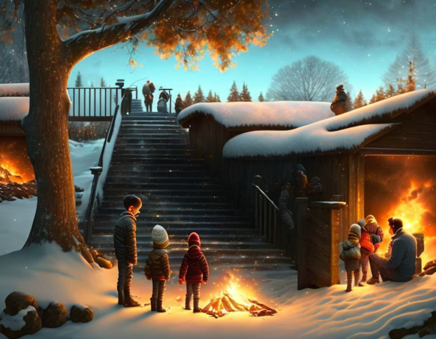 Group around snowy bonfire with children, stairs, and starry sky