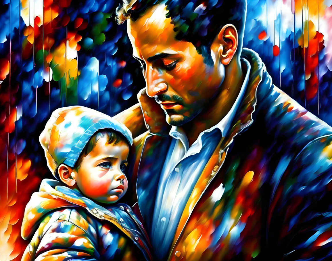 Colorful painting of man holding child with expressive brushstrokes