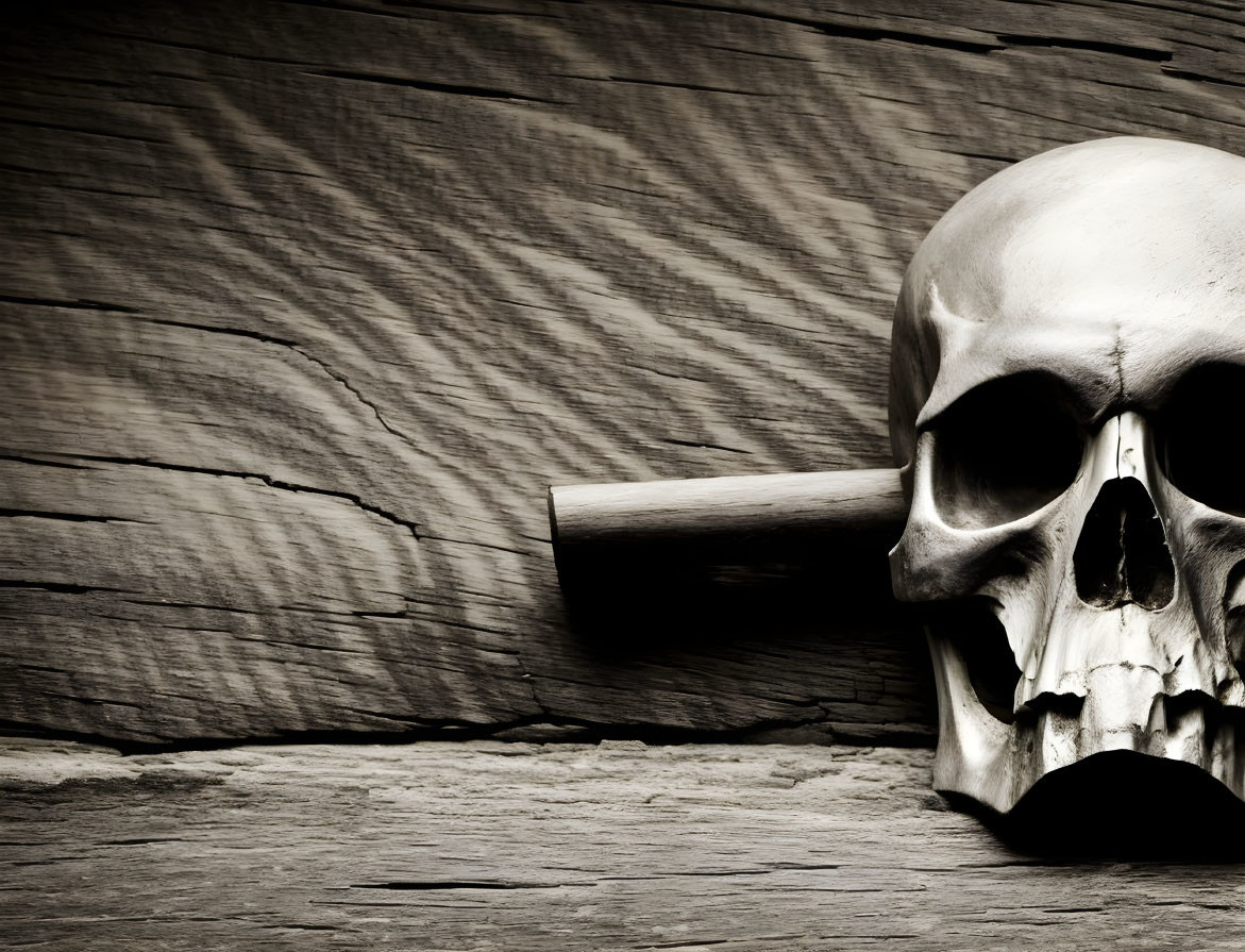 Sepia-toned human skull with hammer on textured wooden surface