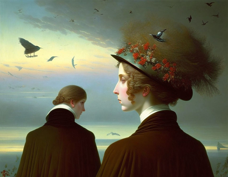Surreal painting: two women's profiles merging with sea scene and ship silhouette