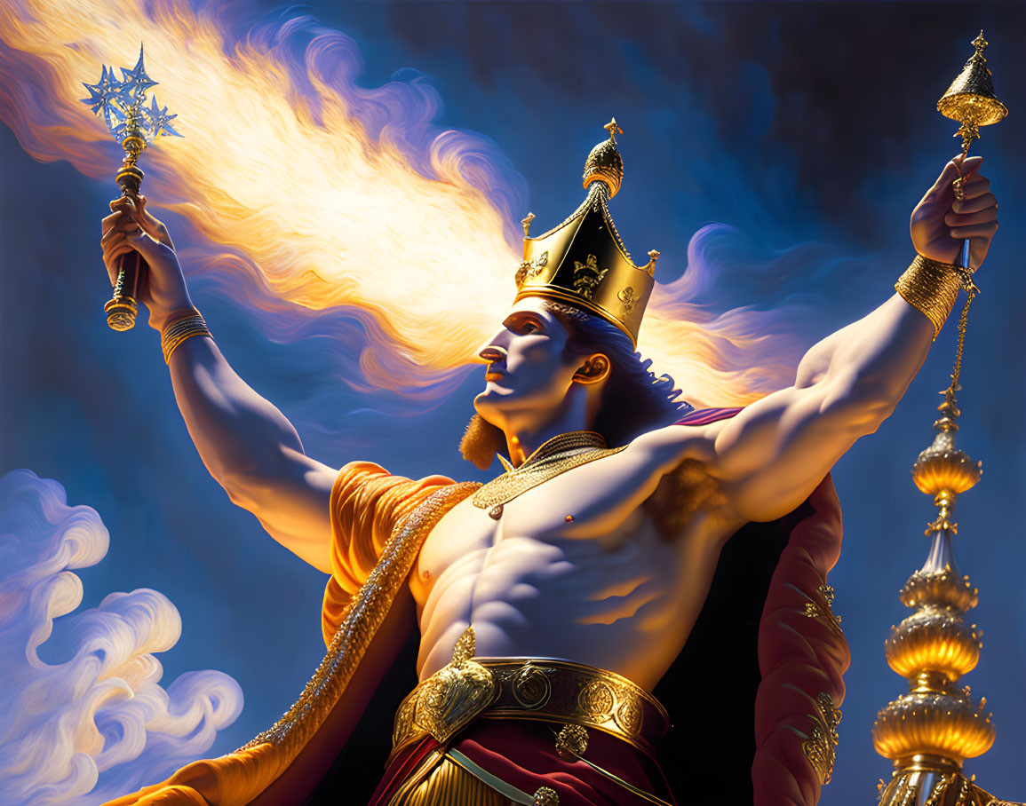 Royal King with Crown and Flaming Scepter in Dramatic Sky