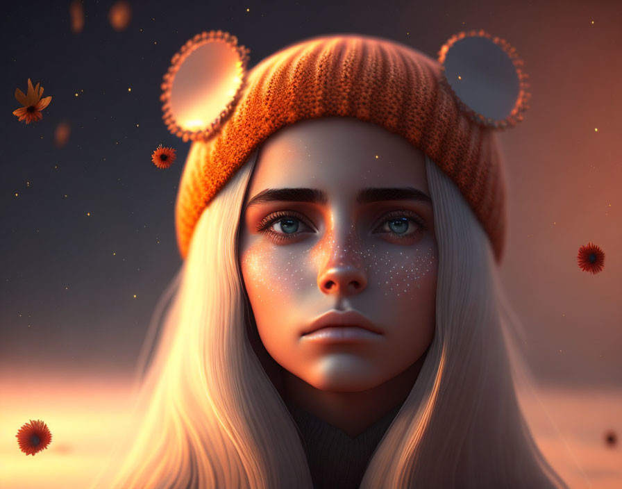 Portrait of young woman with blue eyes, freckles, and white hair in orange beanie against