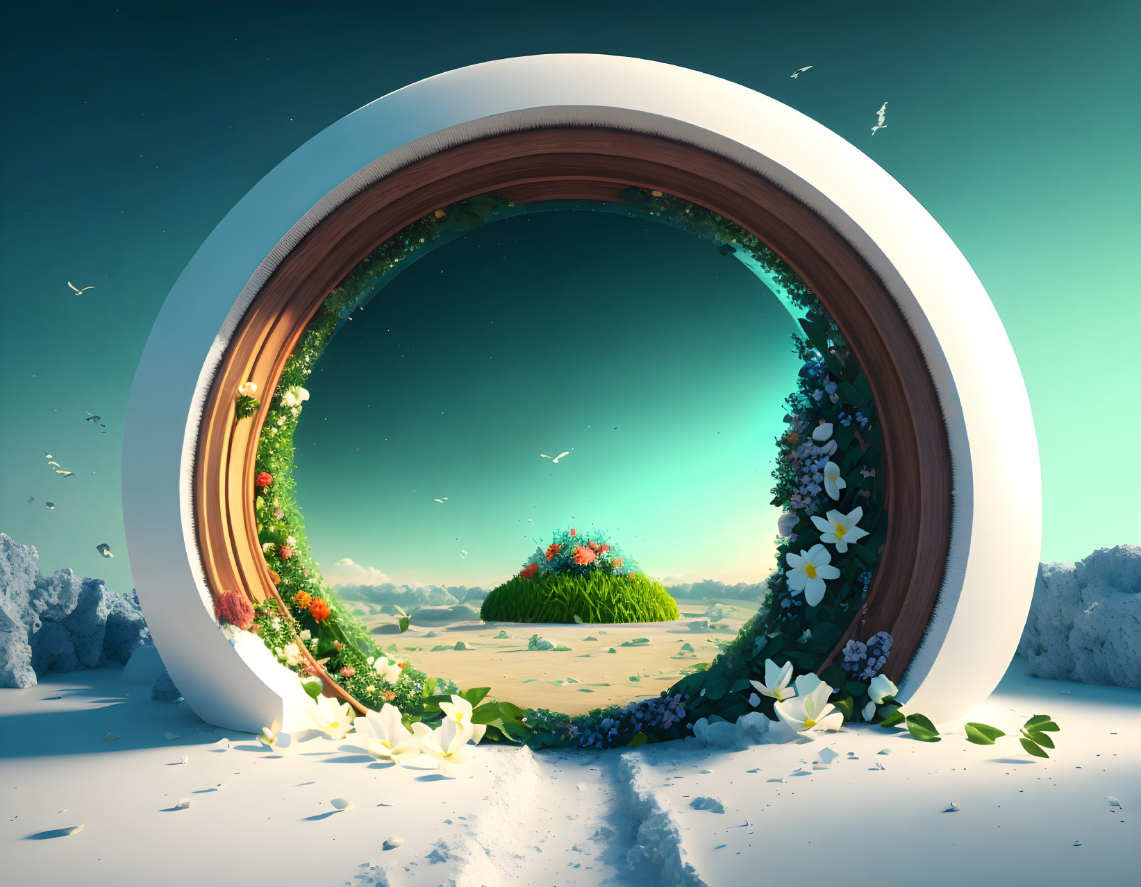 Circular surreal portal with lush green landscape, rocky terrain, clear blue sky, flowers, and birds.