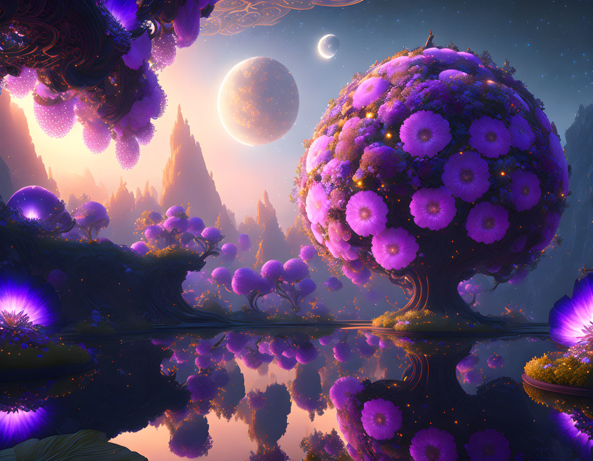 Fantastical landscape with purple flora and celestial backdrop