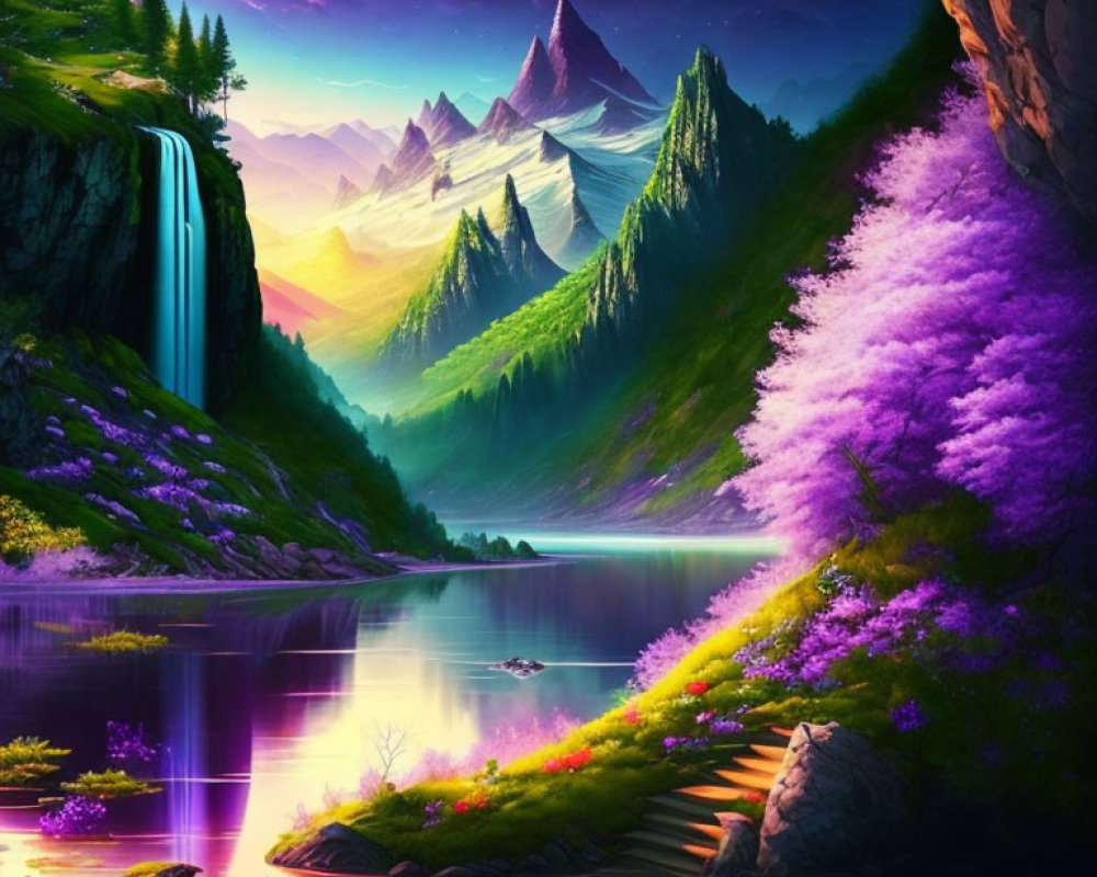 Majestic mythical landscape with waterfall, river, purple flora, mountains