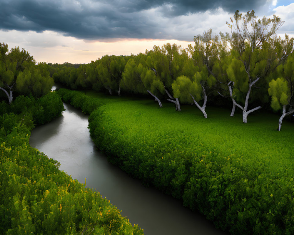 Tranquil river flowing through vibrant green foliage under dramatic cloudy sky