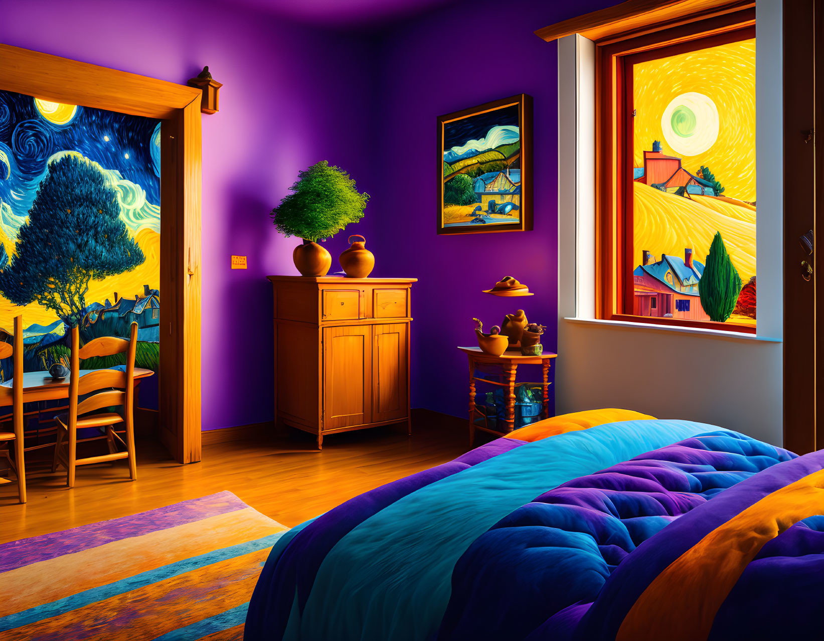 Vibrant bedroom with Van Gogh-inspired painted walls in bold purples and blues