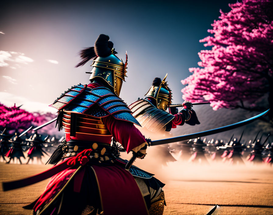 Traditional samurai duel under cherry blossom trees with dramatic blurred background.