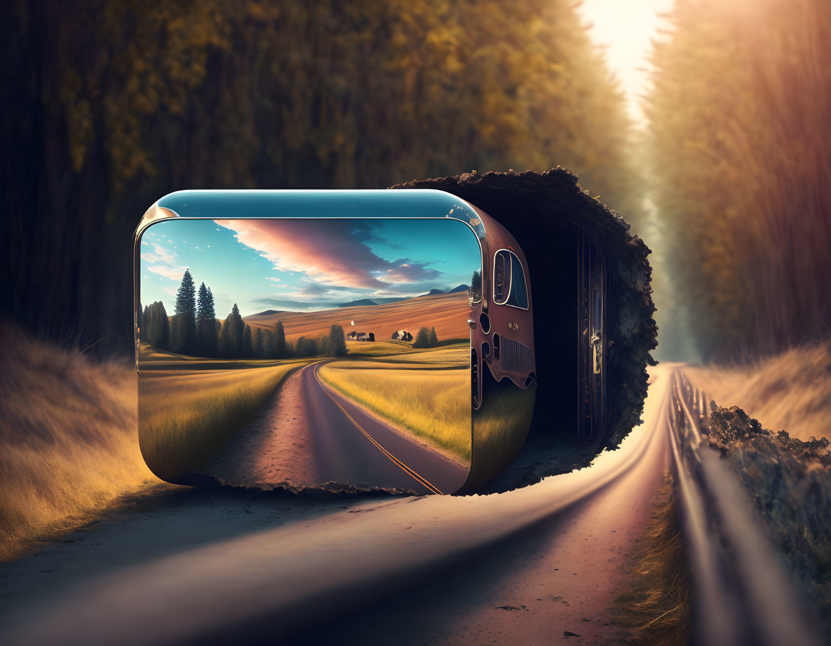 Surreal countryside road bending into vintage TV with scenic landscape.