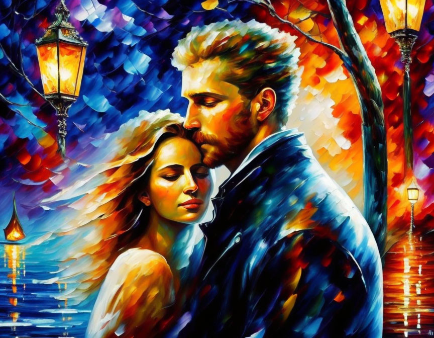Romantic couple embracing by lamp-lit waterside in vibrant painting
