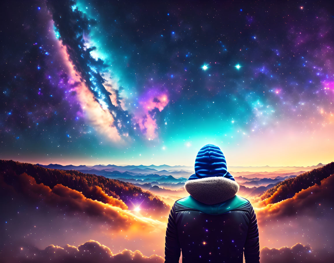 Person in hooded jacket under vibrant star-filled sky with galaxies and forest landscape.