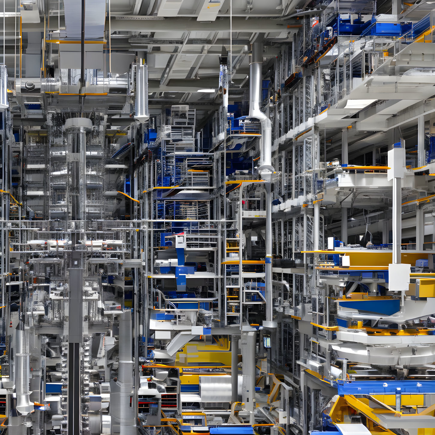 Vertical View of Dense Automated Warehouse with Multi-Level Metal Shelving