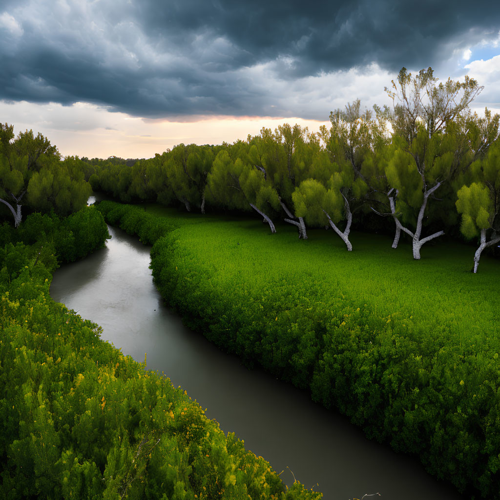 Tranquil river flowing through vibrant green foliage under dramatic cloudy sky