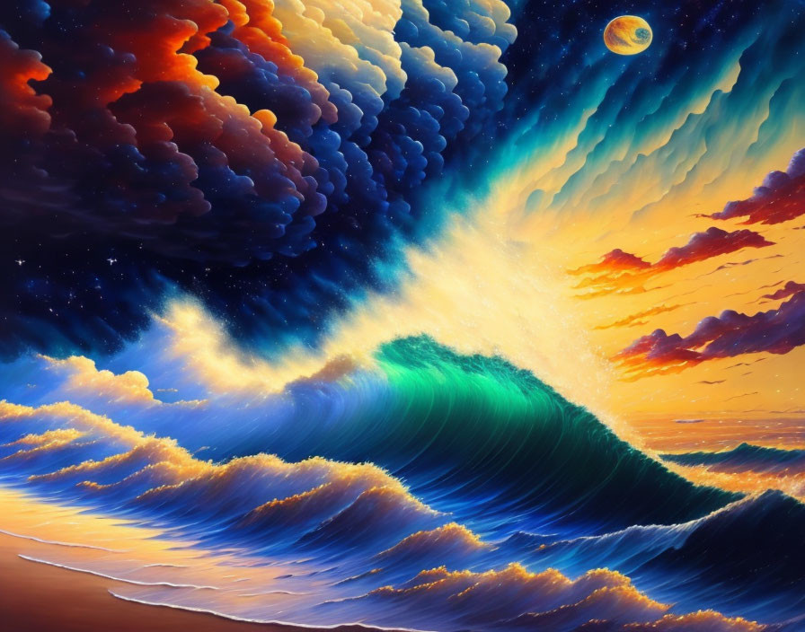 Colorful surreal painting: Wave cresting under sky with planet