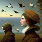 Surreal painting: two women's profiles merging with sea scene and ship silhouette