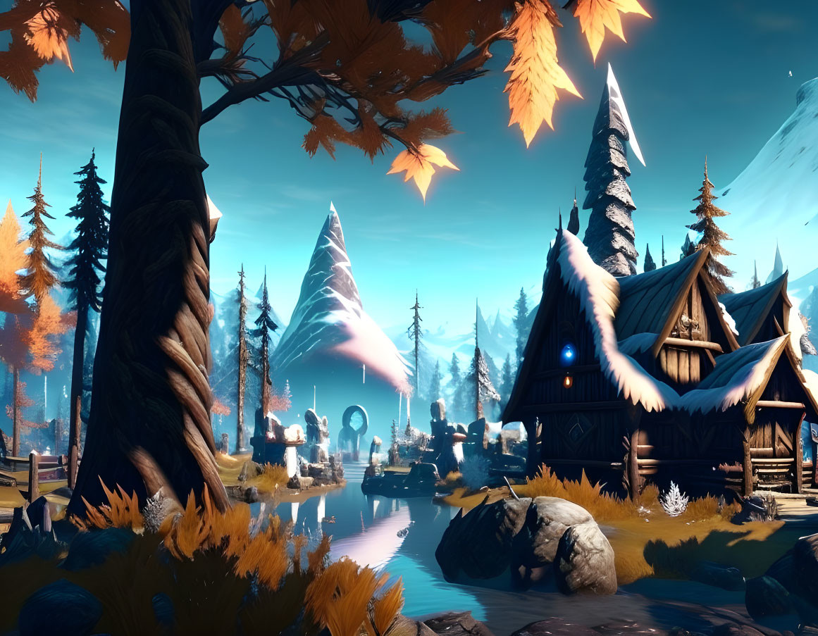 Fantasy landscape with wooden cabin, autumn trees, glowing crystals, snowy mountain.