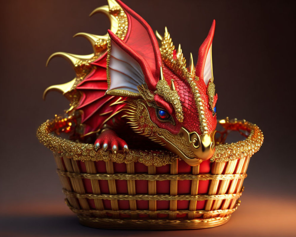 Detailed Red and Gold Dragon Figurine in Decorative Basket on Amber Background