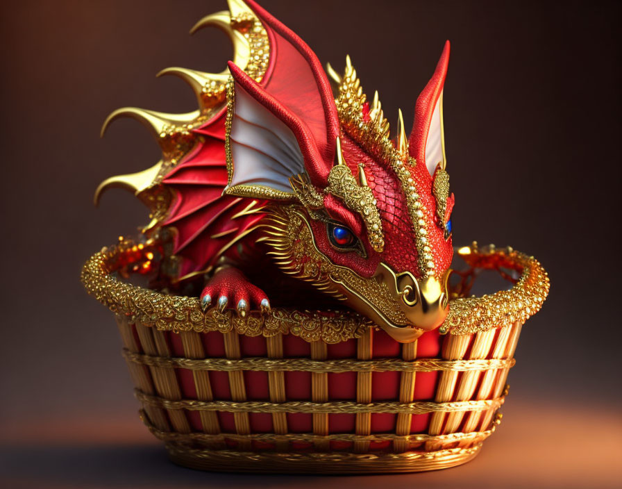 Detailed Red and Gold Dragon Figurine in Decorative Basket on Amber Background