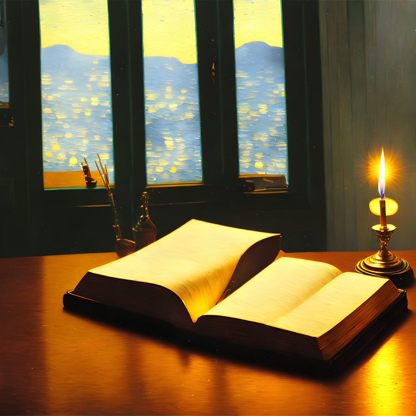 Open book on wooden desk with candle, window view of water and sunlight