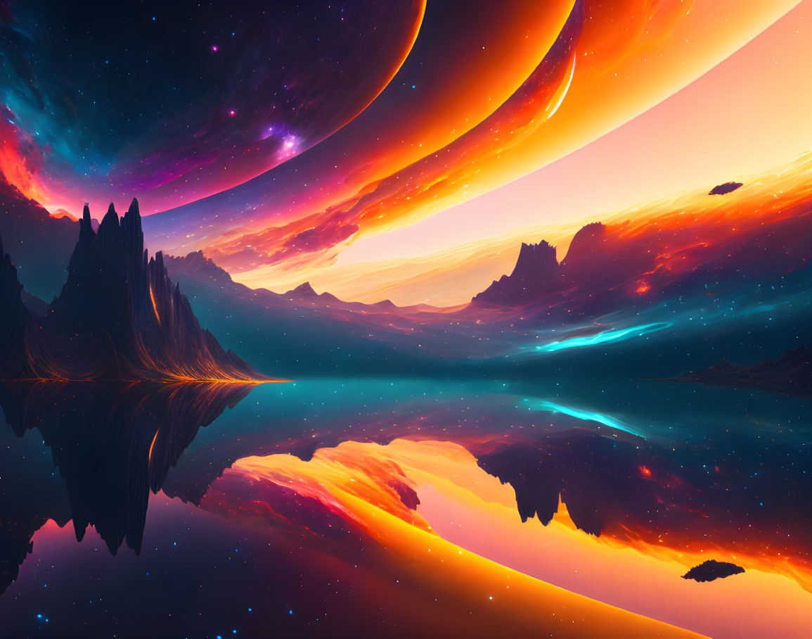 Surreal landscape with planets, neon mountains, and colorful sky