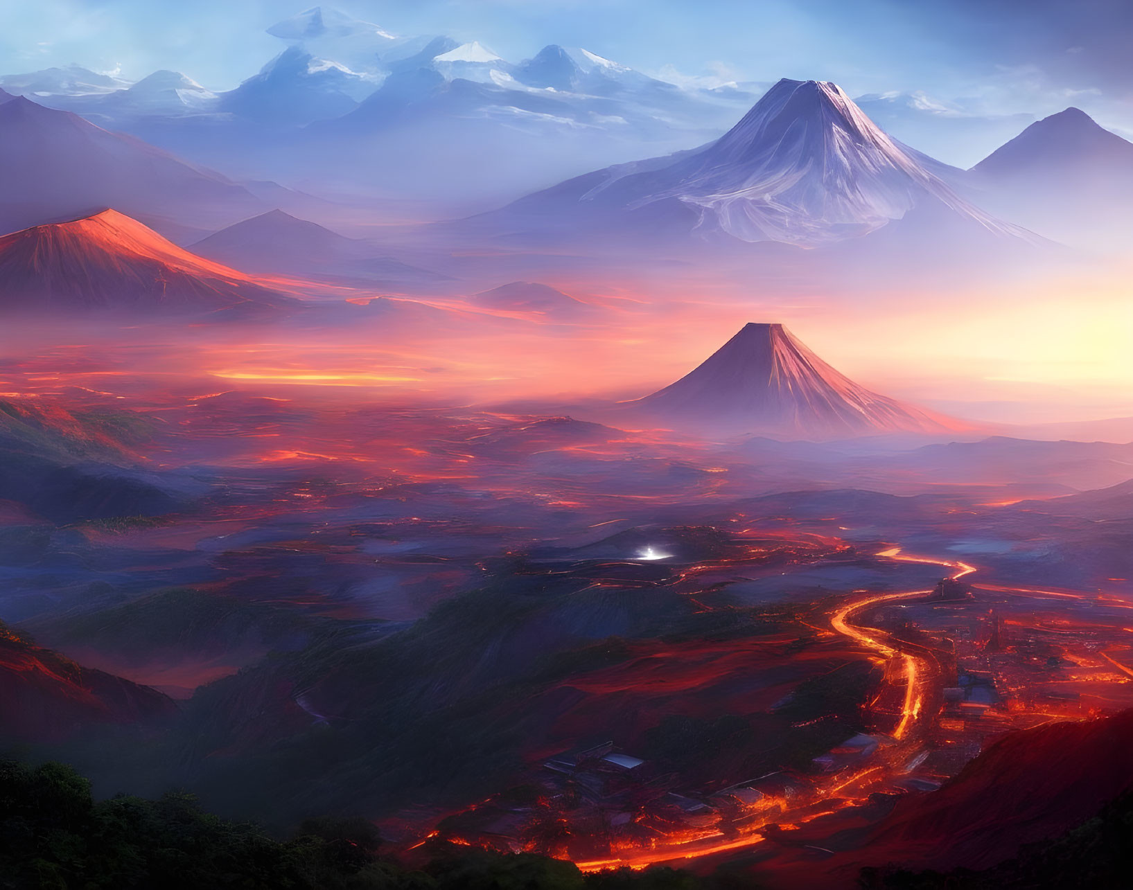 Colorful digital landscape with illuminated peaks, lava river, village under warm sky