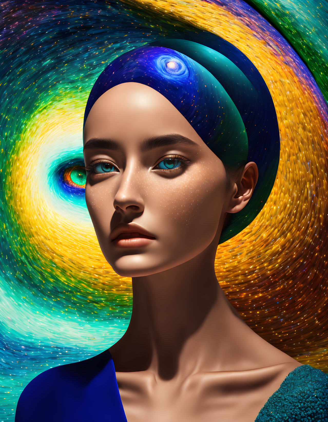 Digital artwork of woman with cosmic-themed makeup and attire, swirling galaxies and stars.