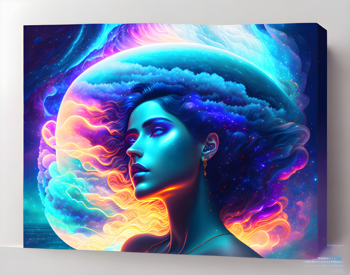 Digital artwork of woman with cosmic aura and nebula elements against deep space.