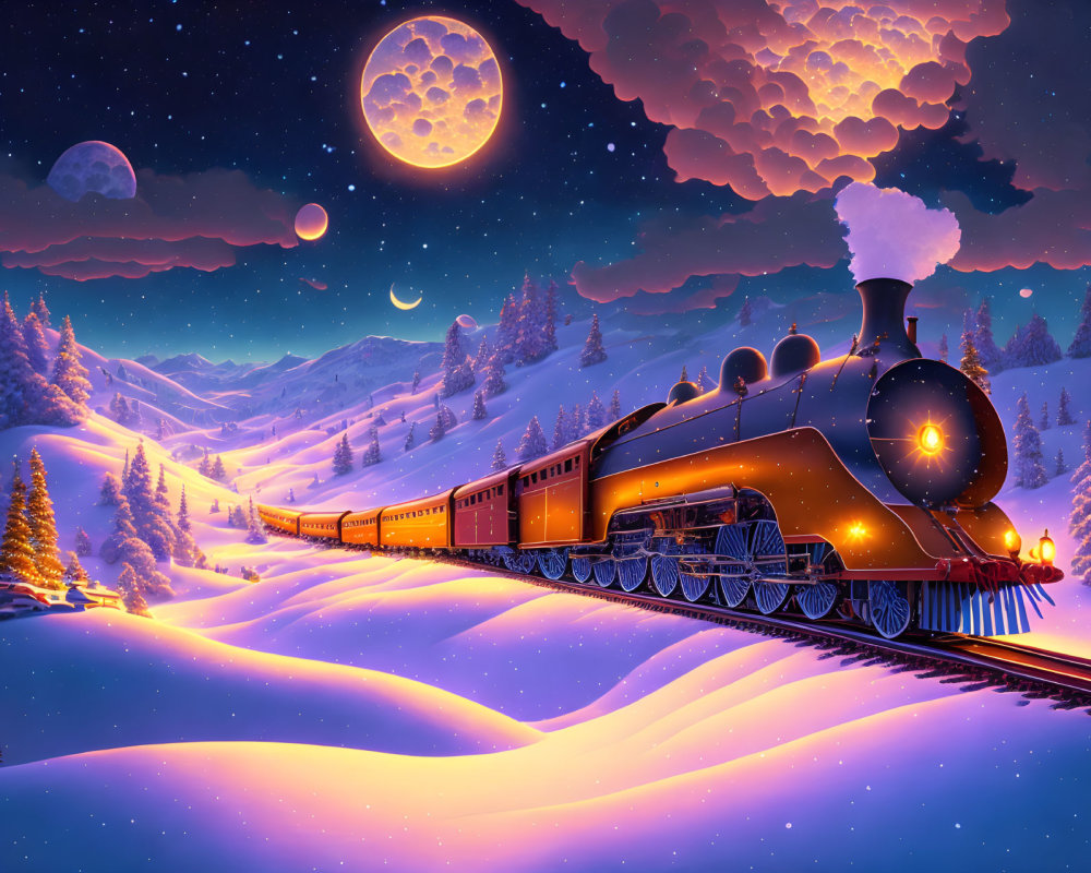 Vintage steam train in snowy night with two moons, stars, and mountains