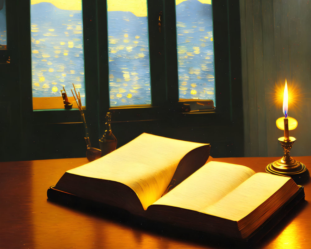 Open book on wooden desk with candle, window view of water and sunlight