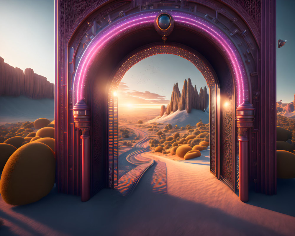 Futuristic arched doorway in surreal desert landscape