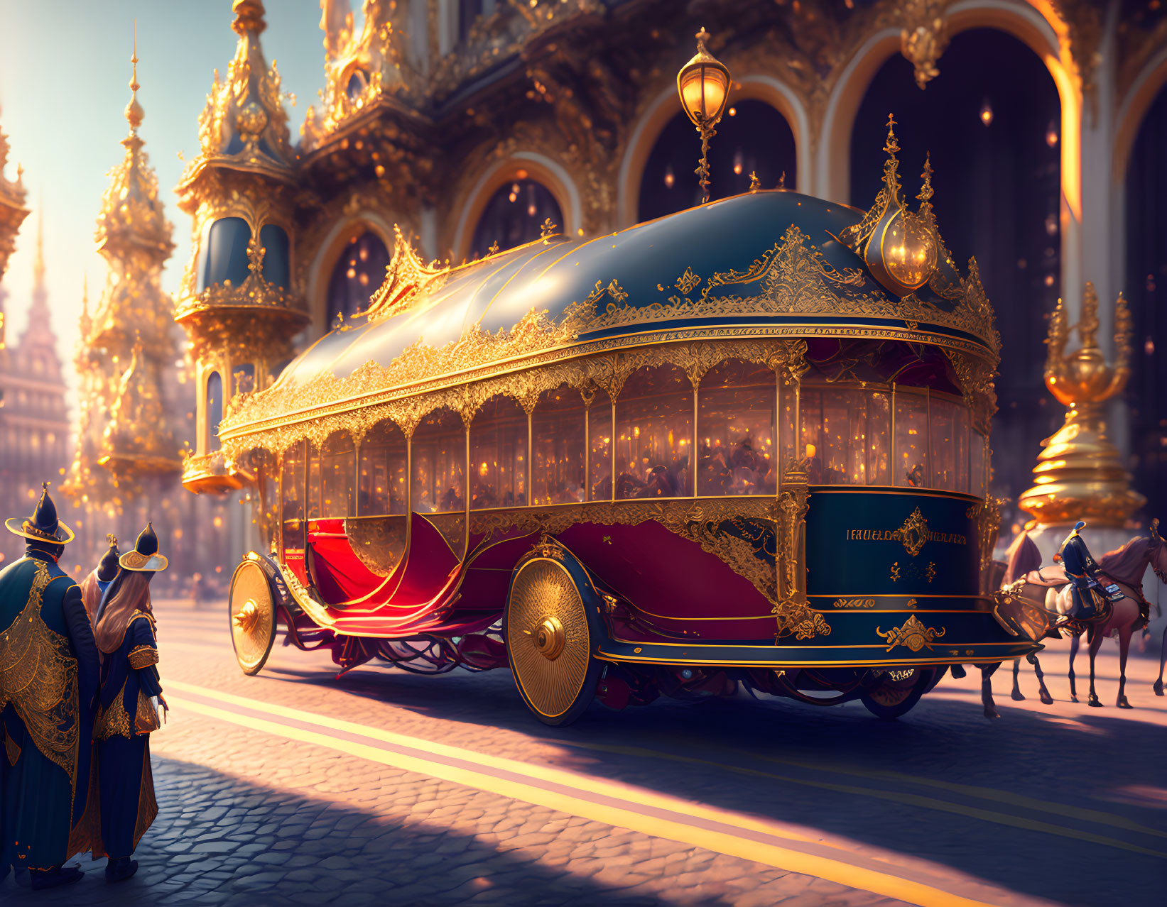 Golden-trimmed red carriage surrounded by ornate architecture and onlookers