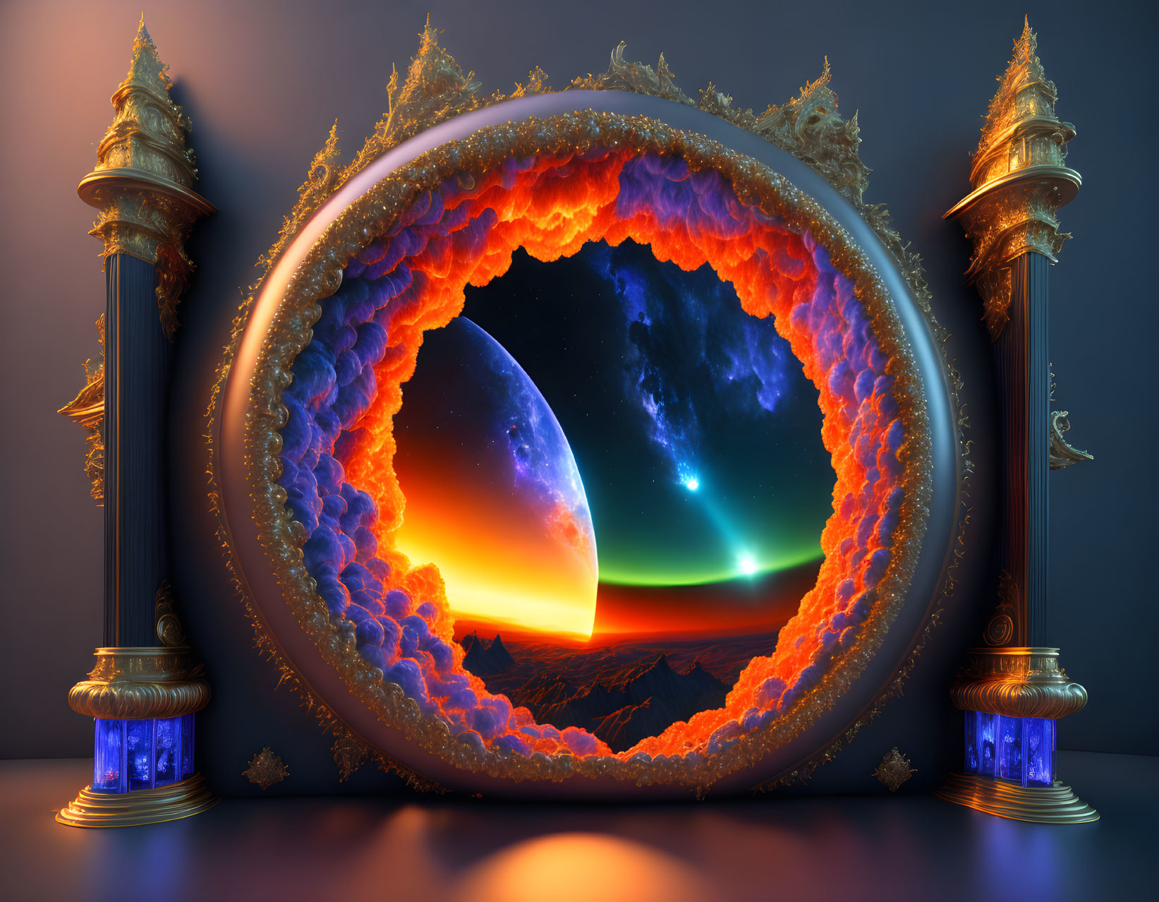 Circular Baroque Frame with Pillars Opens to Cosmic Scene