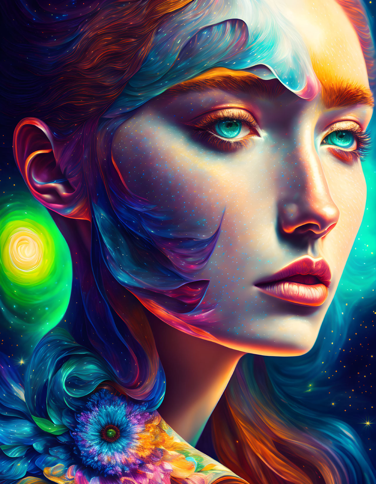Colorful portrait of a woman with galaxy-themed complexion and celestial hair.