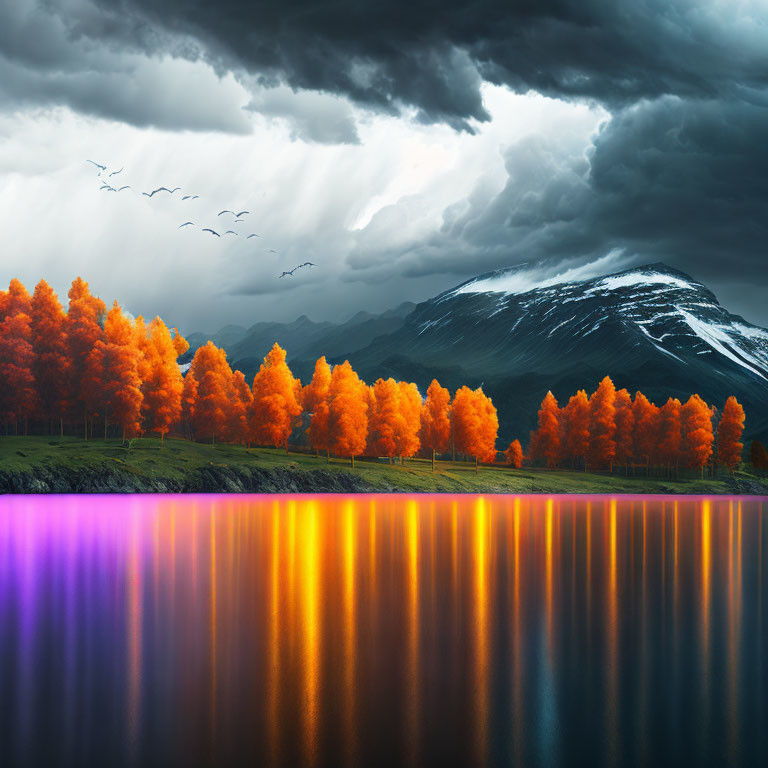 Vivid landscape with orange trees, stormy skies, dark mountains, and reflective lake.
