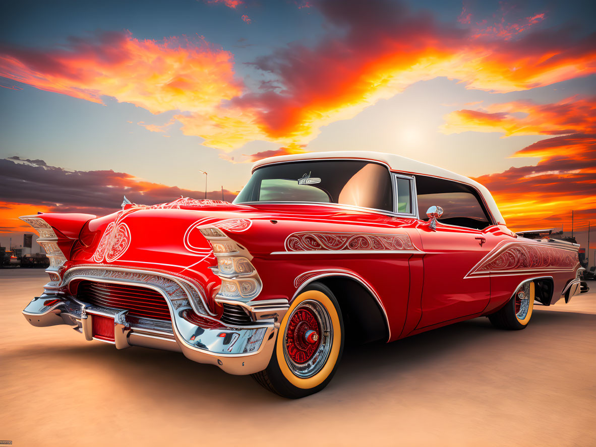 Classic Red Car with White-Wall Tires in Vibrant Sunset Scene