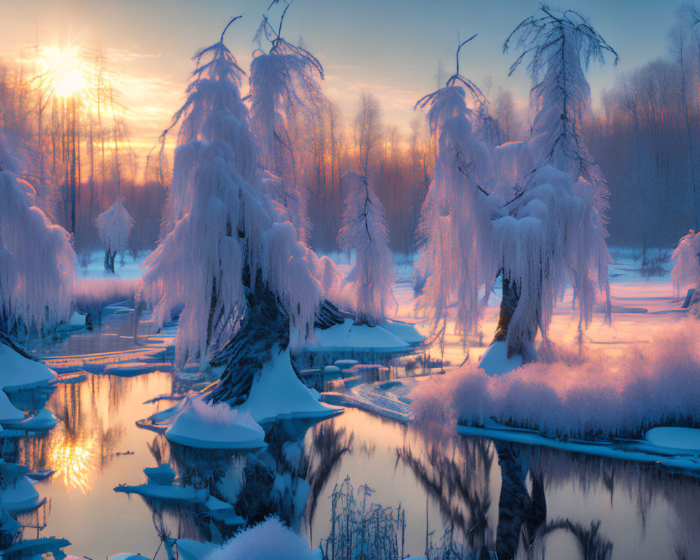 Winter sunset landscape with snow-covered trees and frozen river