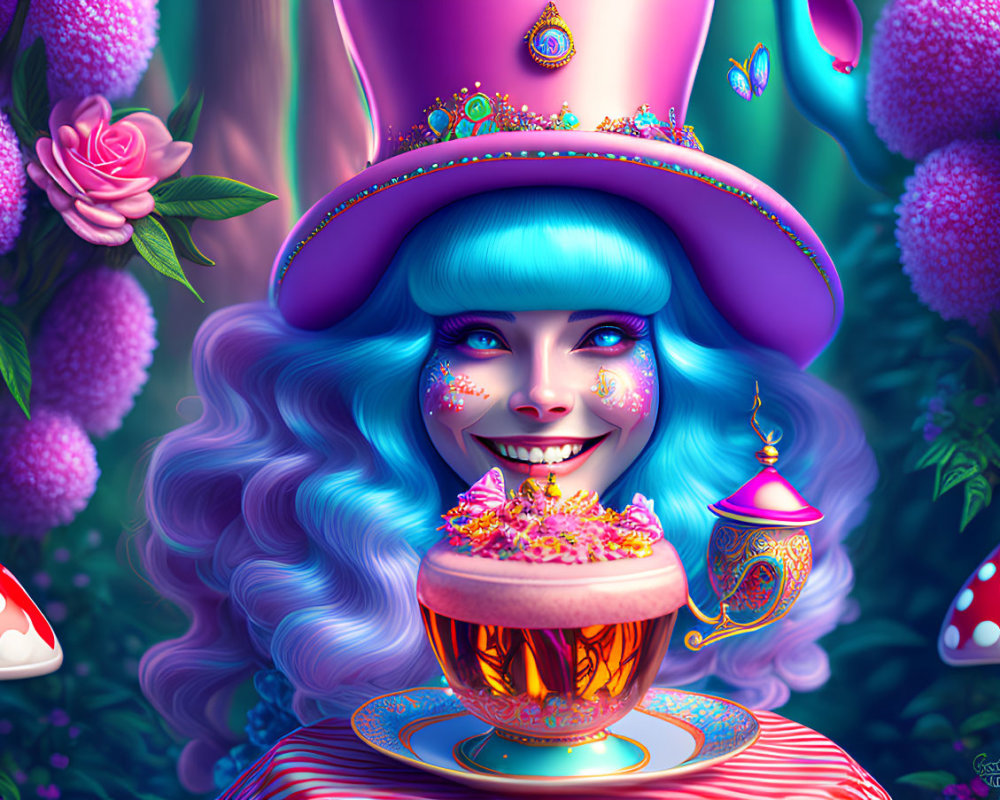 Colorful illustration of female character with blue hair and pink hat, surrounded by flowers and butterflies, holding
