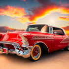 Vintage Red Car with Intricate Designs under Vibrant Sunset Sky