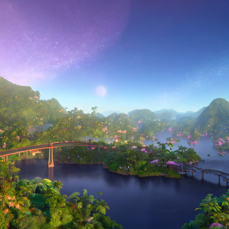 Tranquil animated landscape with river, bridge, mountains, stars