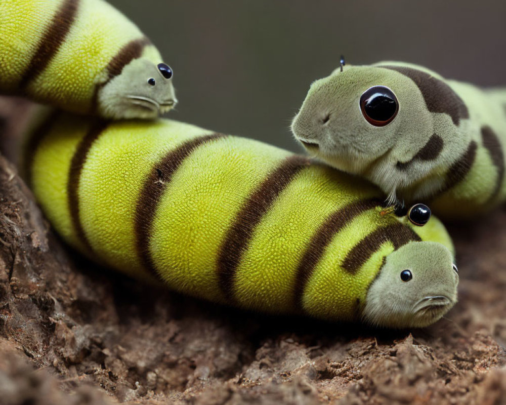 Colorful Snake with Cartoon Faces and Caterpillar-Like Body