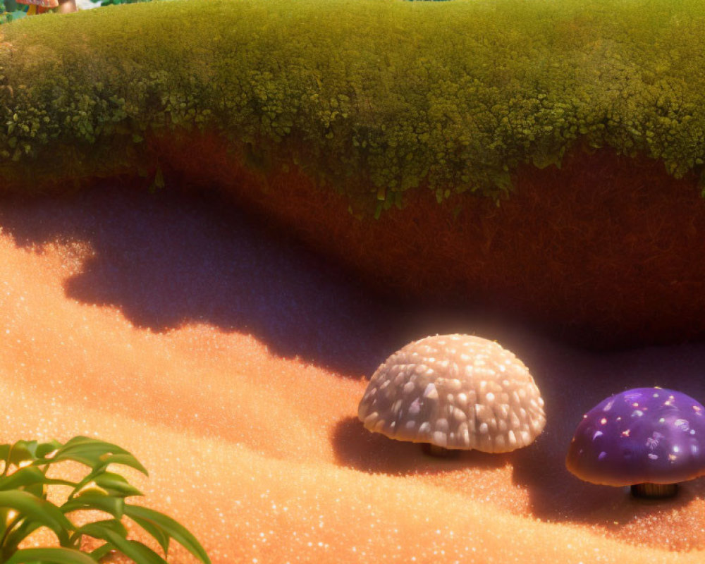Vibrant mushrooms on sandy ground with moss-covered hill & plant life