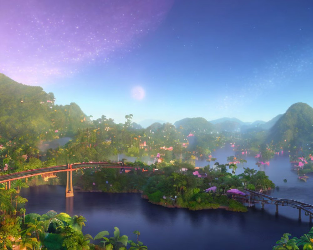 Tranquil animated landscape with river, bridge, mountains, stars