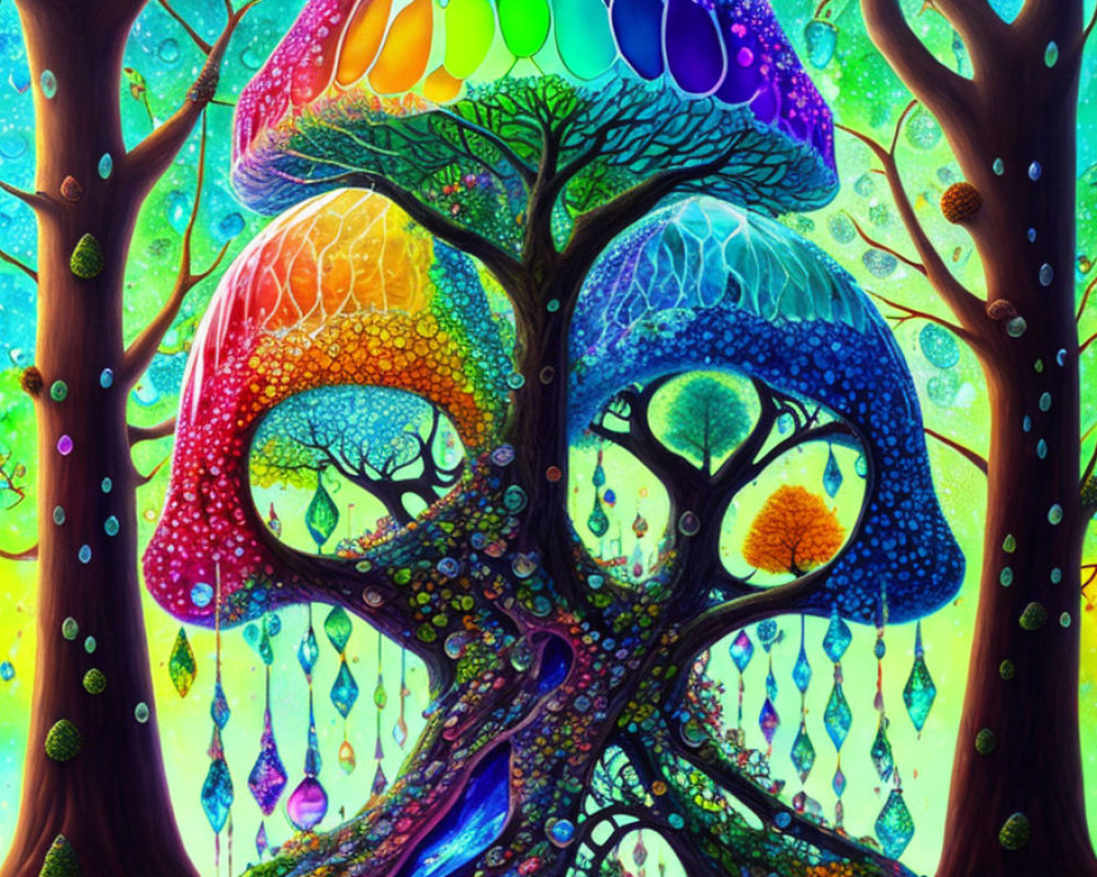 Colorful Artwork: Whimsical Trees with Intertwined Branches and Jewel-like Leaves