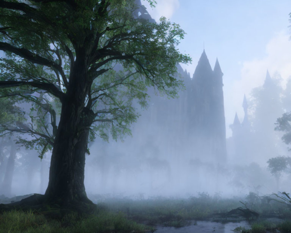 Misty forest with large tree and shadowy castle in background