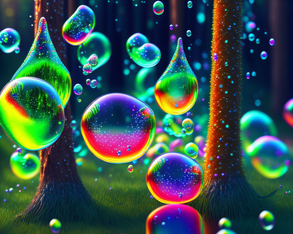 Colorful bubbles and mossy forest with glowing trees under magical light
