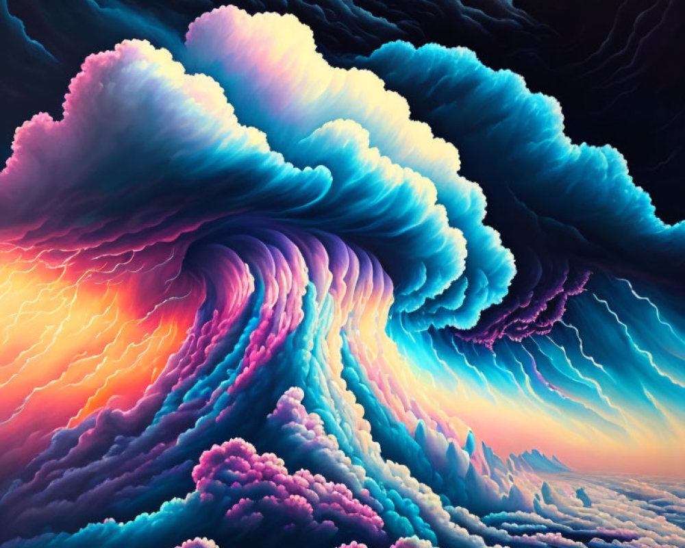 Colorful digital artwork: Swirling cloud-like structure in blues, purples, pinks,