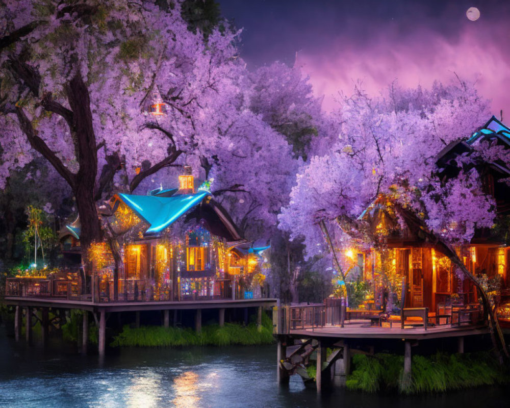 Traditional buildings illuminated by river under cherry blossoms and moonlit sky