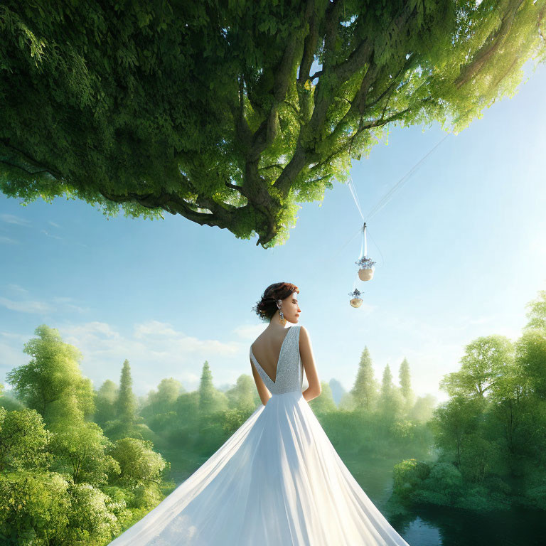 Bride in white gown under tree swing in forest setting