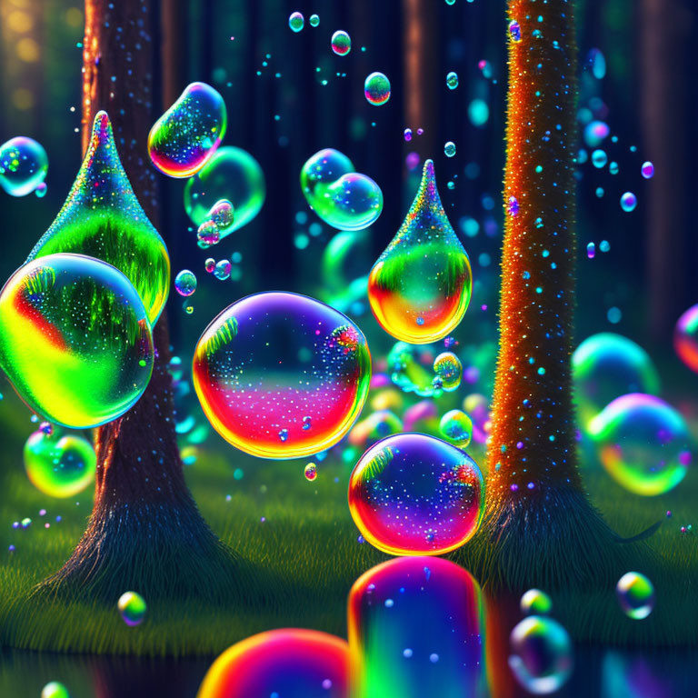 Colorful bubbles and mossy forest with glowing trees under magical light