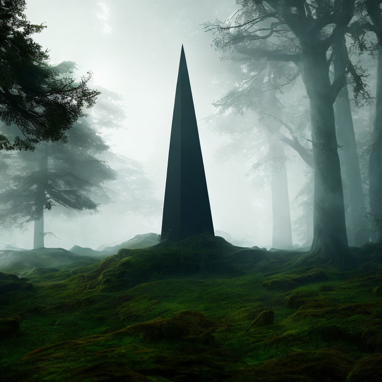 Enigmatic forest scene with fog, obelisk, moss, and silhouetted trees